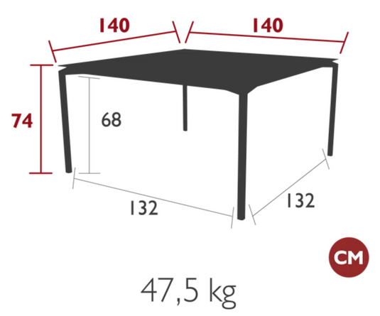 Fermob Calvi square dining table, 140x140 cm, sturdy metal top, eight-seater, modern outdoor furniture design.