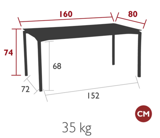 Fermob Calvi rectangular kitchen table, 160x80 cm, six-seater with sleek modern design and sturdy wooden surface.