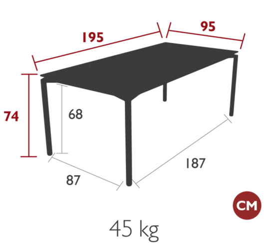 Fermob CALVI rectangular outdoor dining table, 195 x 95 cm, eight-seater, with a sleek modern design and sturdy metal construction.