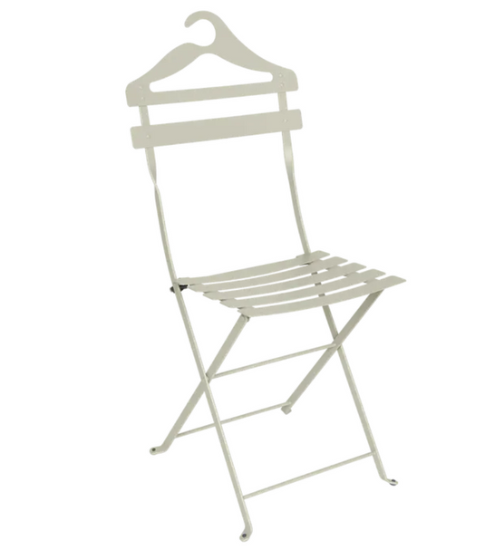 Fermob Caly Grey folding bistro valet chair, metal design, hanging and foldable for outdoor or indoor use.