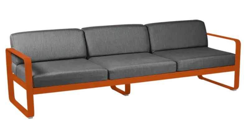 Load image into Gallery viewer, Bellevie 3-seater outdoor sofa by Fermob with grey metal frame, featuring cushioned seating for comfortable outdoor relaxation.
