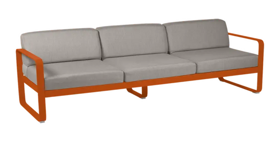 Bellevie 3-seater outdoor sofa by Fermob with metal frame in Candied Orange, Grey Taupe color, suitable for outdoor furniture.