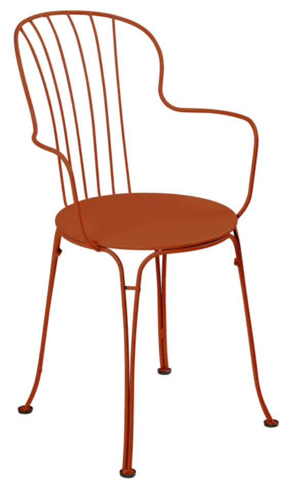 Load image into Gallery viewer, Candied orange Fermob OPÉRA+ outdoor metal armchair with curved armrests and slatted backrest for stylish outdoor seating.
