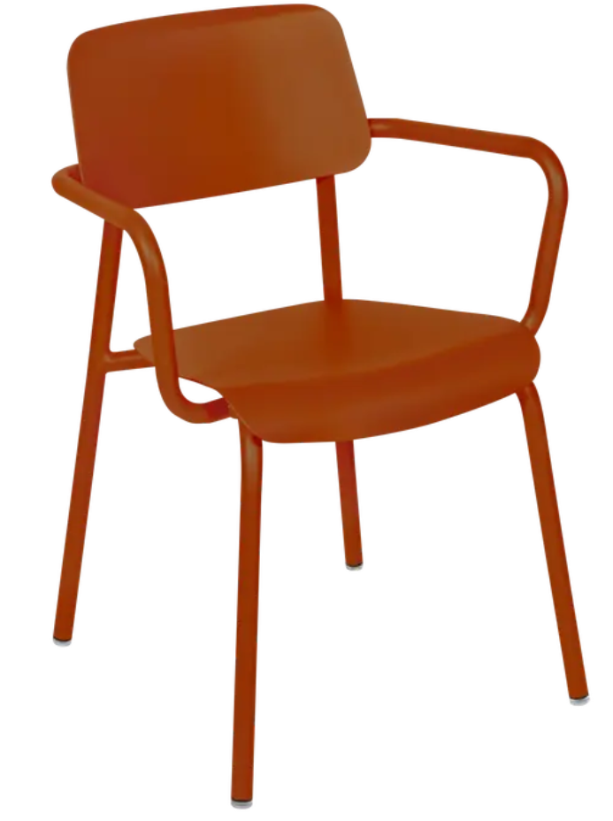 Load image into Gallery viewer, Candied orange Fermob Studie armchair, stackable indoor dining chair with modern design for home or office use.
