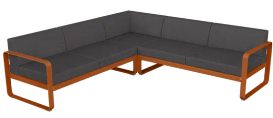 Fermob Bellevie Composition 2 outdoor lounge set with orange and graphite grey sofas and cushions, modern modular outdoor furniture
