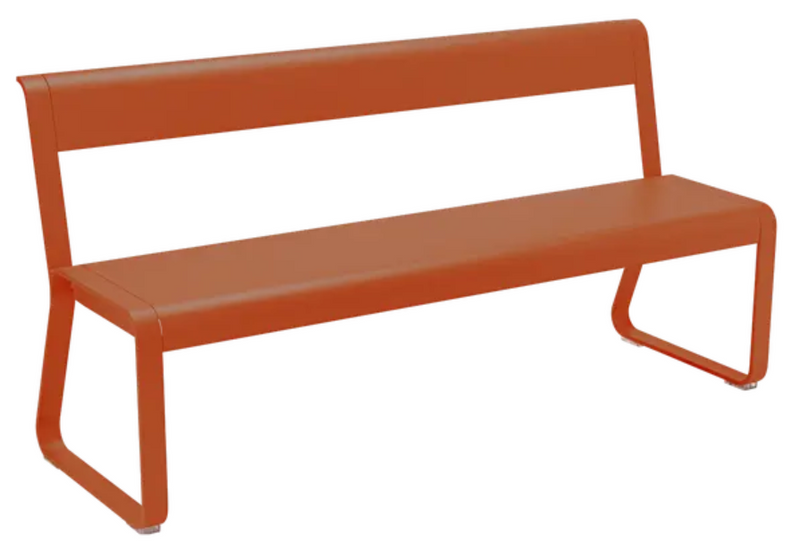 Load image into Gallery viewer, Fermob Bellevie outdoor bench with backrest in candied orange powder-coated metal, ideal for garden or patio seating.
