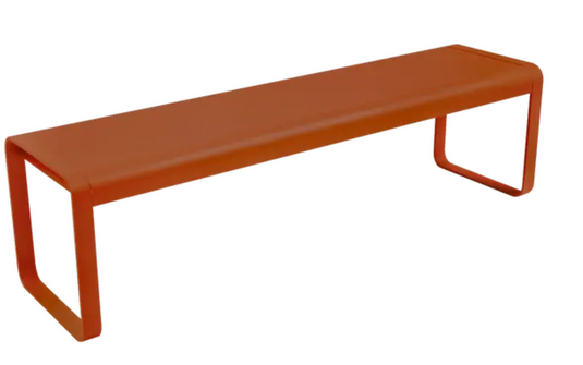 Outdoor Fermob Bellevie Bench with a vibrant candied orange finish, designed for stylish outdoor seating.