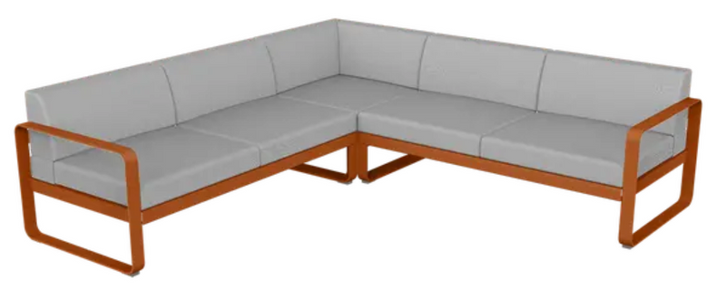 Load image into Gallery viewer, Fermob Bellevie Composition 2 outdoor lounge set with grey fabric cushions and modular sofa design on a patio.
