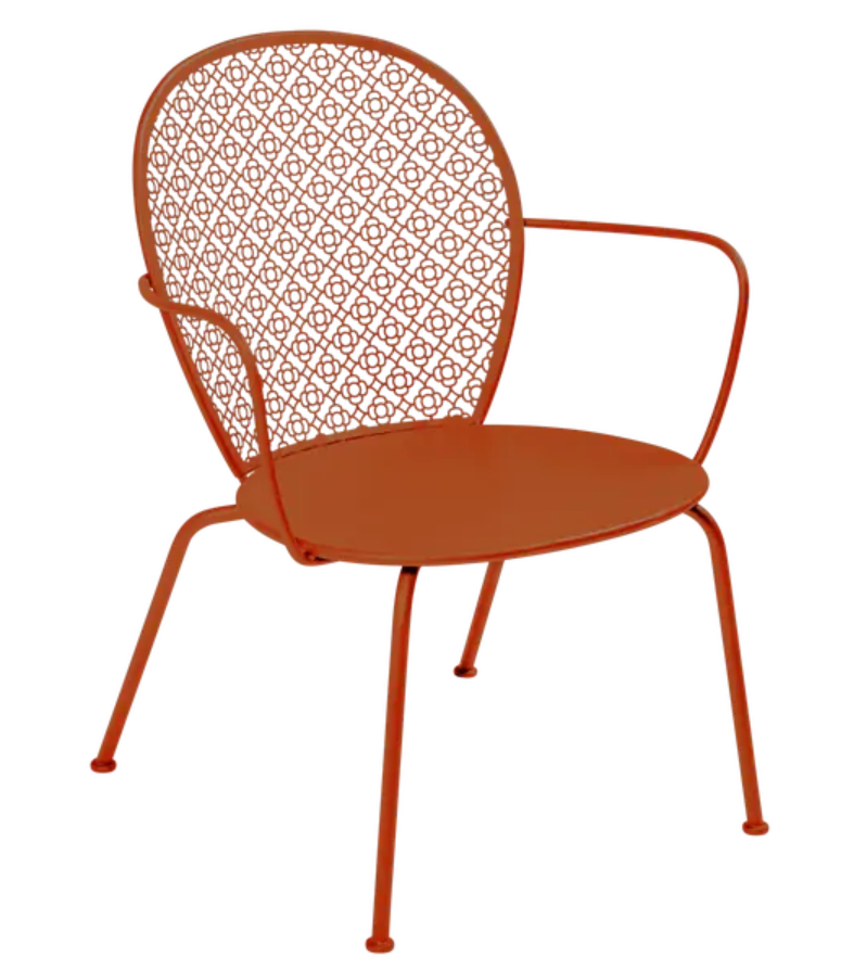 Load image into Gallery viewer, Candied orange Fermob LORETTE low armchair with metal frame, outdoor furniture, vibrant color, modern design.
