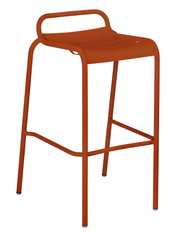 Load image into Gallery viewer, Fermob Luxembourg bar stool with orange seat and black metal frame, outdoor dining furniture for restaurant or home use.

