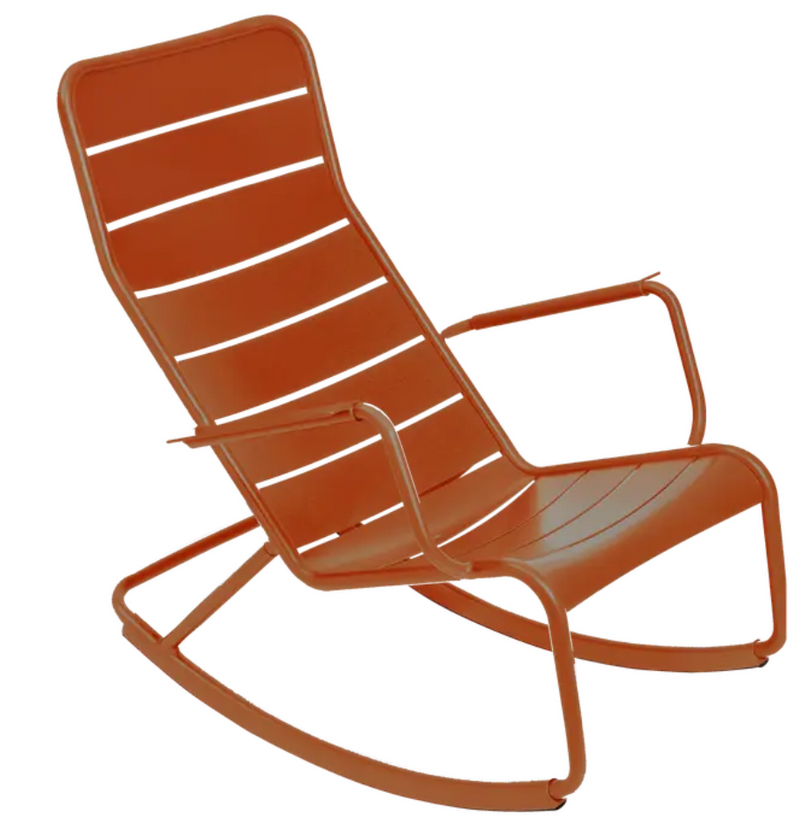 Load image into Gallery viewer, Luxembourg outdoor rocking chair by Fermob, orange aluminum frame with a sleek, modern design for garden or patio use.

