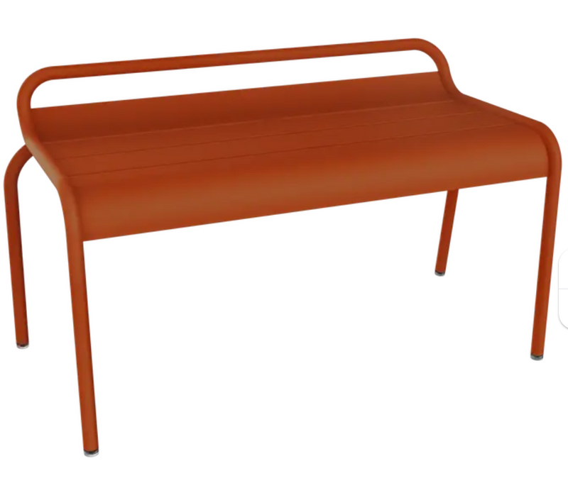 Load image into Gallery viewer, Fermob Luxembourg stackable outdoor bench in candied orange metal finish, 90 cm wide, with a modern design for outdoor seating.
