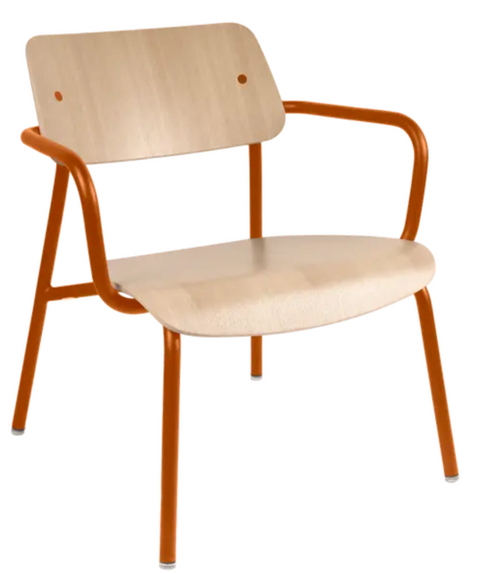 Candied orange Fermob Studie Oak Lounge Armchair with metal frame, showcasing a stylish, modern office furniture design.
