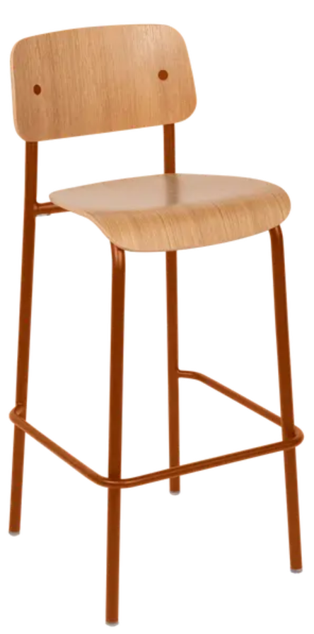 Candied orange wooden Studie Oak Bar Chair H75 by Custom Wood Designs, showcasing its high wooden seat and sleek design