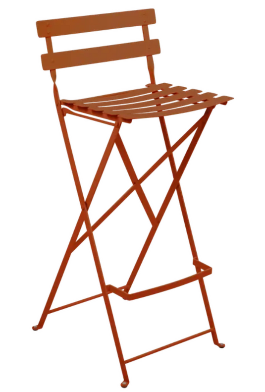 Fermob Bistro high bar stool in vibrant orange, foldable outdoor furniture with a sleek, modern design.