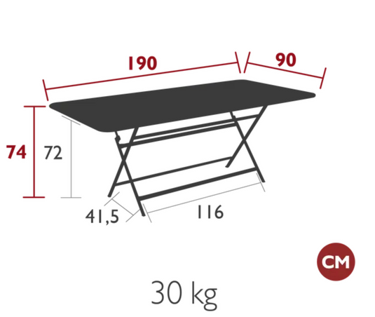 Foldable Fermob Caractère outdoor table, 190x90 cm, eight-seater with sturdy design and smooth foldable surface.