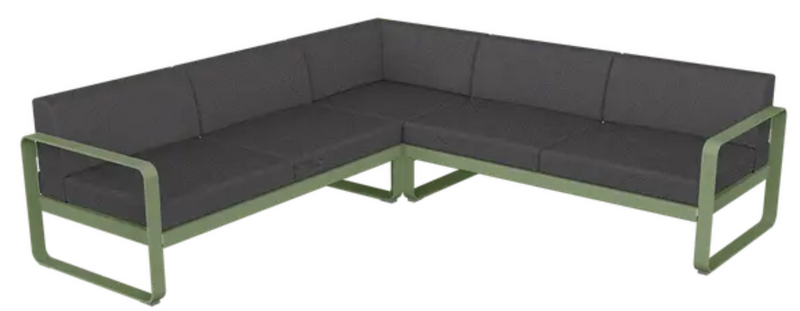 Load image into Gallery viewer, Graphite grey Fermob Bellevie Composition 2 outdoor sofa set with modular lounge pieces and cushions, perfect for outdoor seating.
