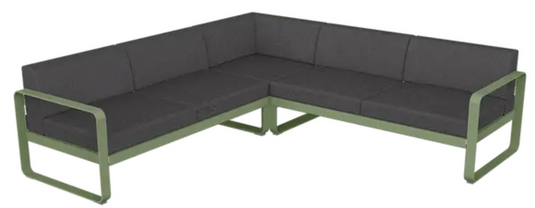 Graphite grey Fermob Bellevie Composition 2 outdoor sofa set with modular lounge pieces and cushions, perfect for outdoor seating.