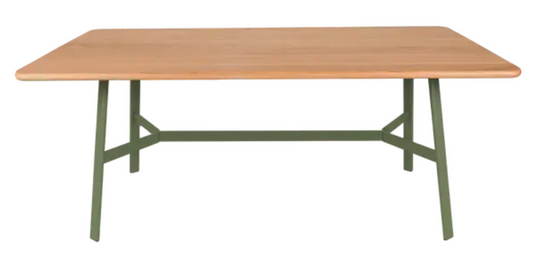 Fermob SO'O 180x90 cm oak dining table with six seats, showcasing a sturdy wooden design and natural oak finish.