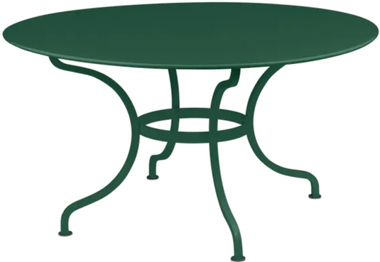 Fermob Romane round table with green finish, 137cm diameter, seating up to 8 guests, outdoor dining furniture