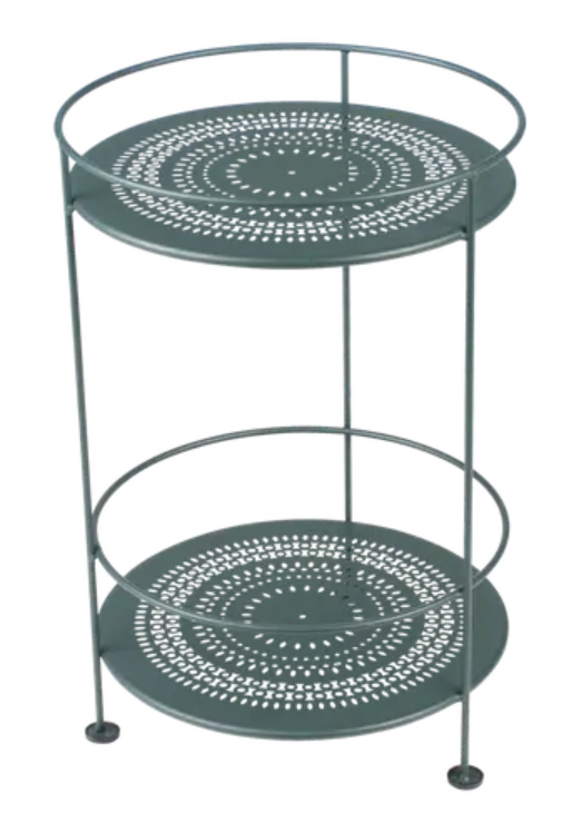 Load image into Gallery viewer, Fermob Guinguette side table with perforated double top in green metal, modern outdoor furniture for patio or garden.
