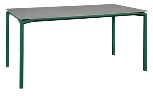 Fermob CALVI Creta Mineral dining table in Cedar Green and Grey with 160x80 cm size, six-seater for outdoor dining.