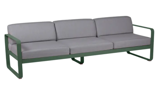 Fermob Bellevie 3-seater outdoor sofa with cedar green, grey taupe metal frame, stylish outdoor furniture for garden or patio.