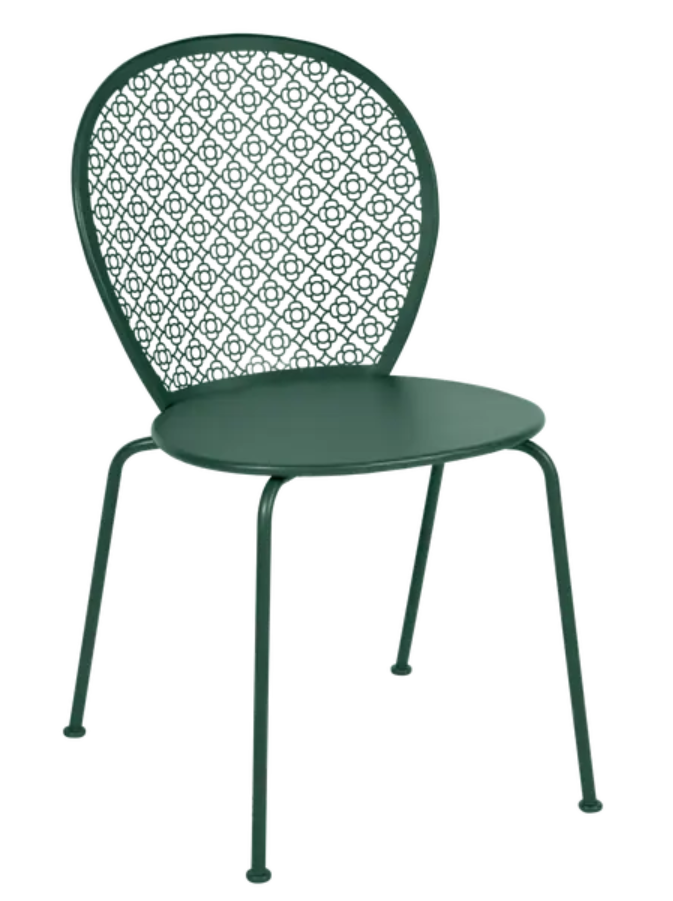 Load image into Gallery viewer, Cedar green Fermob Lorette metal outdoor chair with a curved backrest and armrests, suitable for patio or garden use.
