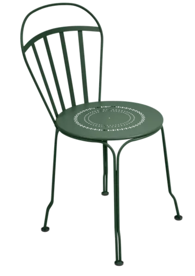 Load image into Gallery viewer, Cedar green Fermob Louvre outdoor chair with slatted seat and backrest, metal frame, suitable for garden or patio use.
