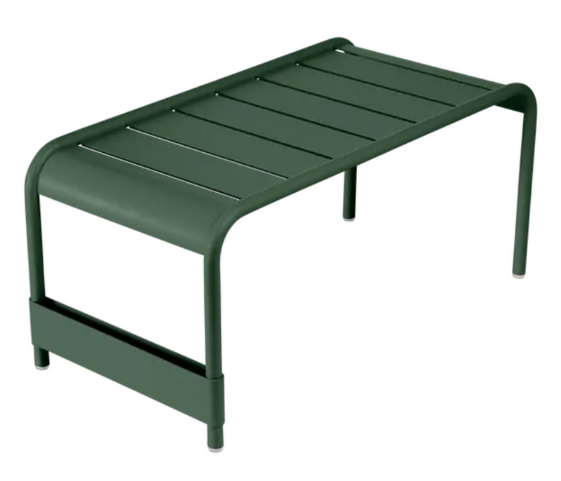 Load image into Gallery viewer, Cedar green Fermob Luxembourg large low table bench measuring 86x44 with a sleek, modern design and smooth wooden surface.
