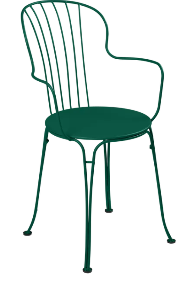 Load image into Gallery viewer, Cedar green Fermob OPÉRA+ outdoor metal armchair with a sleek, modern design for outdoor seating.
