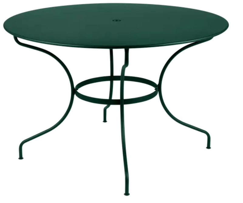 Load image into Gallery viewer, Fermob OPÉRA+ Cedar Green outdoor metal table, 117 cm diameter, six-seater with a sleek, modern design for garden or patio.
