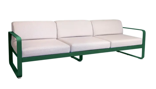 Cedar green Fermob Bellevie 3-seater outdoor sofa with metal frame, stylish garden furniture for relaxing outdoors.