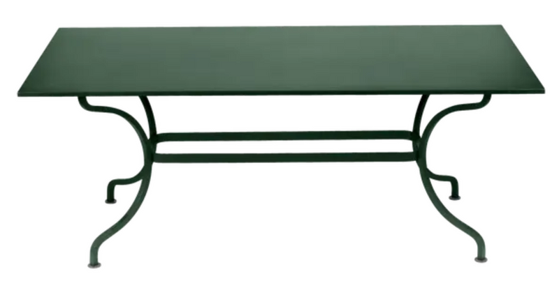 Load image into Gallery viewer, Cedar green Fermob Romane table measuring 180 x 100 cm, designed for up to 8 guests, outdoor dining furniture.
