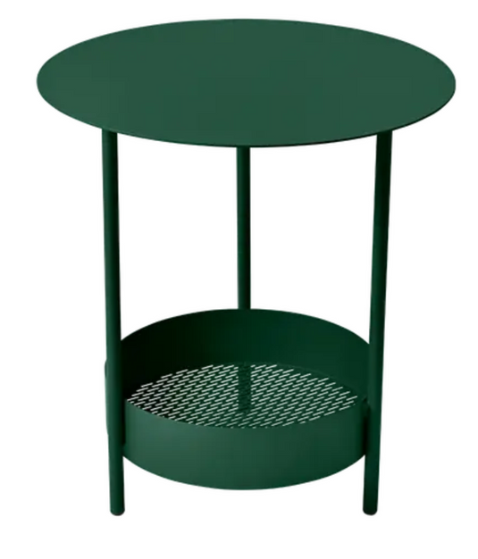 Cedar green Fermob Salsa pedestal side table with round top, outdoor furniture, suitable for patio or garden settings.