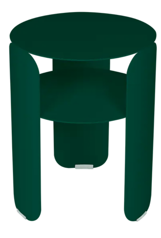 Fermob Bebop side table in cedar green with a 35cm diameter, metal offset design for outdoor use.