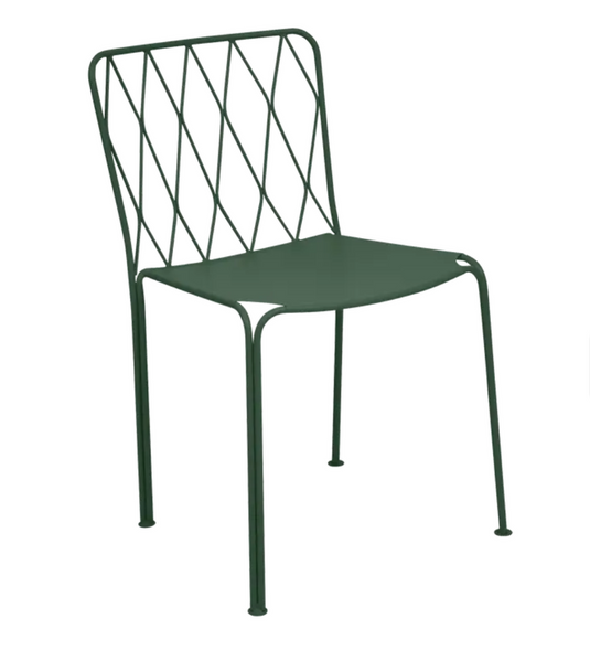 Cedar green Fermob Kintbury stackable outdoor metal chair for patio or restaurant use, designed for outdoor furniture.