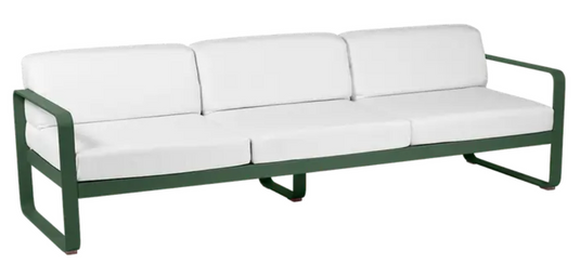 Fermob Bellevie 3-seater outdoor sofa with white metal frame and cedar-colored cushions, ideal for patio relaxation.