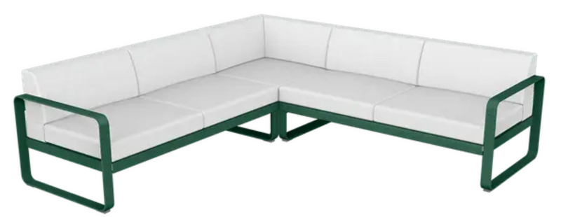 Load image into Gallery viewer, Fermob Bellevie modular outdoor sofa set with cedar, green, and off-white cushions in a stylish garden setting
