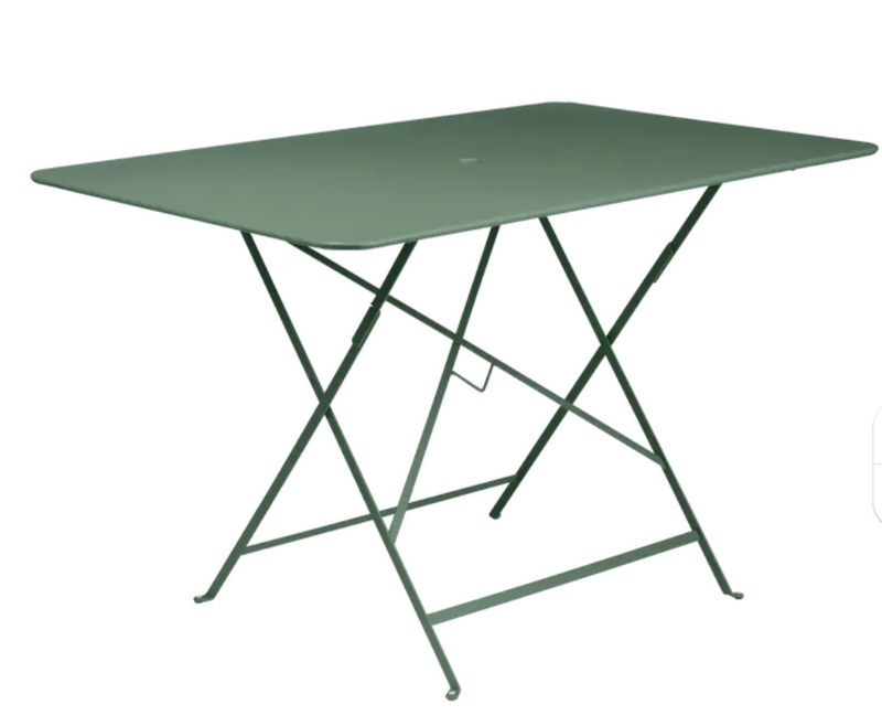 Load image into Gallery viewer, Cedar green Fermob foldable bistro table measuring 117x77 cm, outdoor metal furniture with a compact, foldable design.
