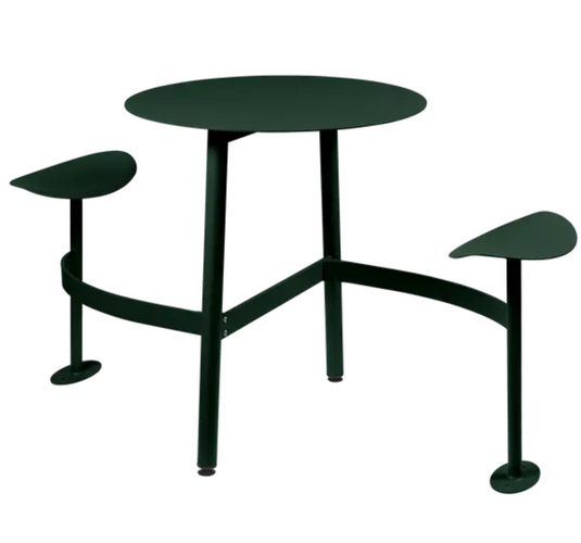 Cedar green Fermob BOLDER 2-seater modular outdoor round table with integrated seating and metal construction.