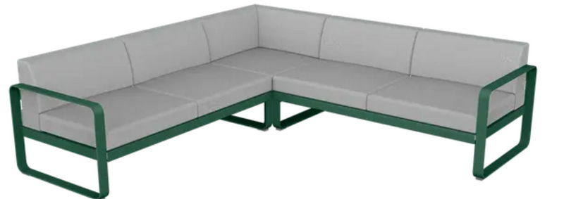 Load image into Gallery viewer, Cedar green and grey Fermob Bellevie outdoor sofa composition with modular seating and plush cushions, ideal for patio lounging.
