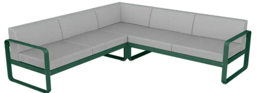 Cedar green and grey Fermob Bellevie outdoor sofa composition with modular seating and plush cushions, ideal for patio lounging.