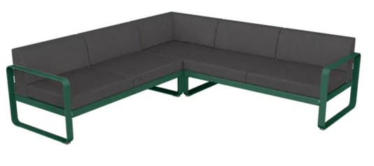 Fermob Bellevie Composition 2 outdoor lounge sofa set with cedar green, graphite, and grey cushions, modular design for outdoor seating.