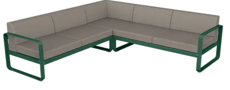 Load image into Gallery viewer, Fermob Bellevie Composition 2 outdoor lounge sofa set with cedar green, grey, and taupe cushions on a patio.
