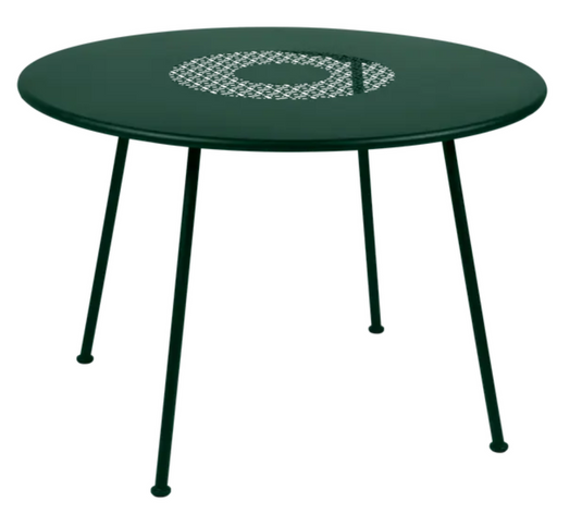 Fermob LORETTE round garden table in cedar green metal, 110 cm diameter, fire-resistant outdoor furniture for garden or patio.