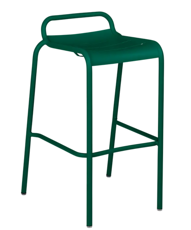 Load image into Gallery viewer, Cedar green Fermob Luxembourg bar stool with a sleek outdoor design, suitable for restaurant or home dining areas.
