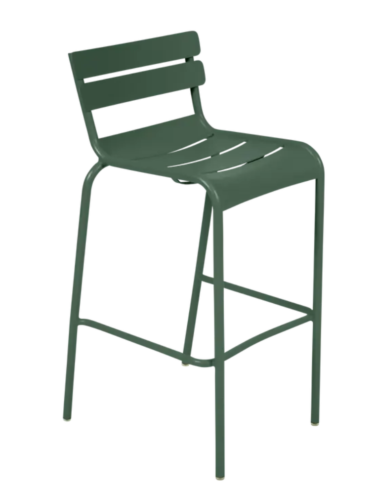 Load image into Gallery viewer, Green Fermob Luxembourg bar armchair with metal frame, featuring a cedar finish and armrests, suitable for pub or bar settings.
