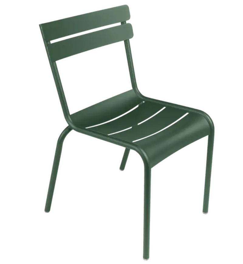 Load image into Gallery viewer, Cedar green Fermob Luxembourg armchair with a metal frame, stackable design, suitable for outdoor or restaurant seating.
