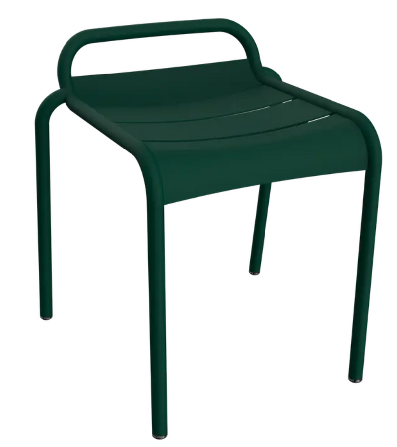Load image into Gallery viewer, Cedar green Fermob Luxembourg outdoor dining stool with sleek metal legs, suitable for garden or patio seating.
